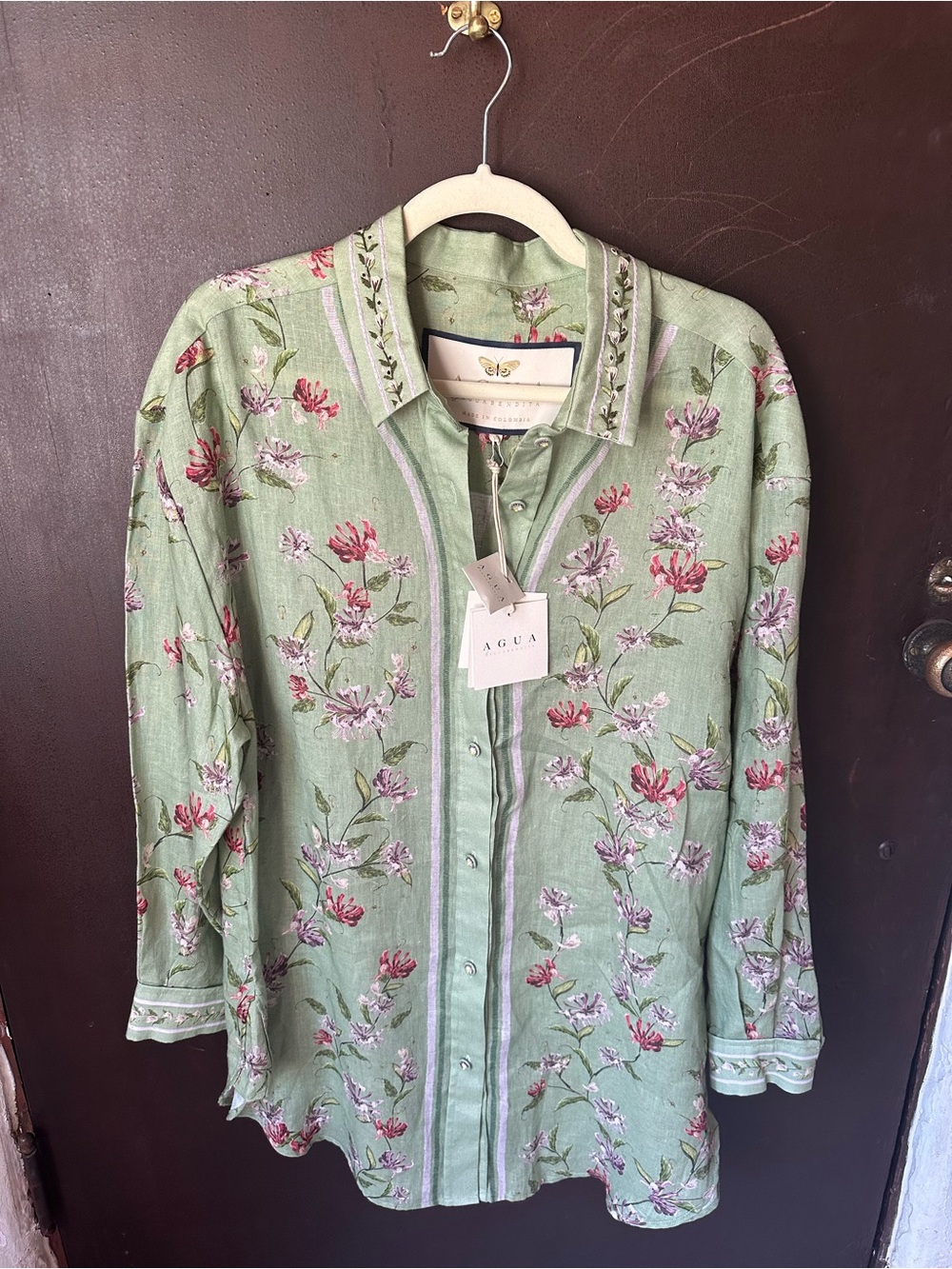 Agua Bendita Cecelia Honeysuckle Linen Button-Down Shirt size M/L